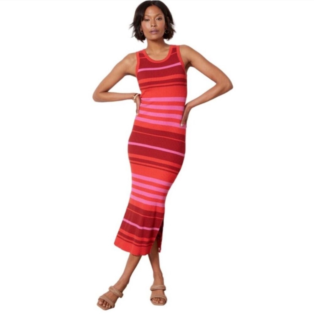 Evereve Red and Pink Striped Knit Midi Dress